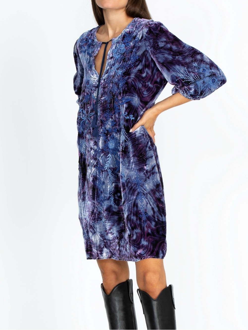 Johnny Was Azure Velvet Relaxed Dress Croatian Dreams Blue Purple Embroidered S - Picture 13 of 13